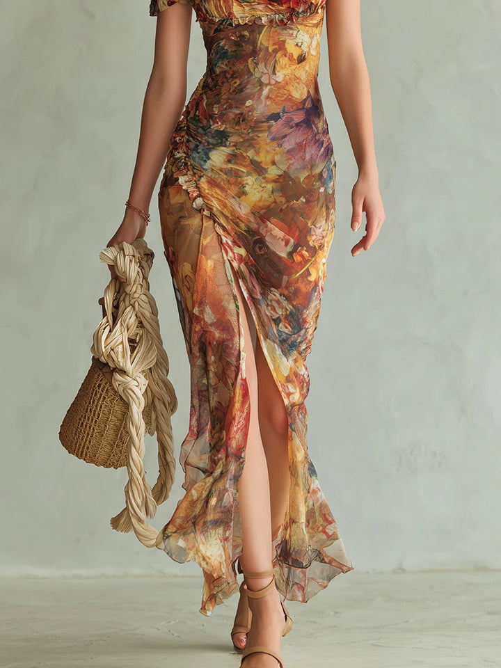 Abito Maxi Chiffon Stampa Olio Bohemien Arancione