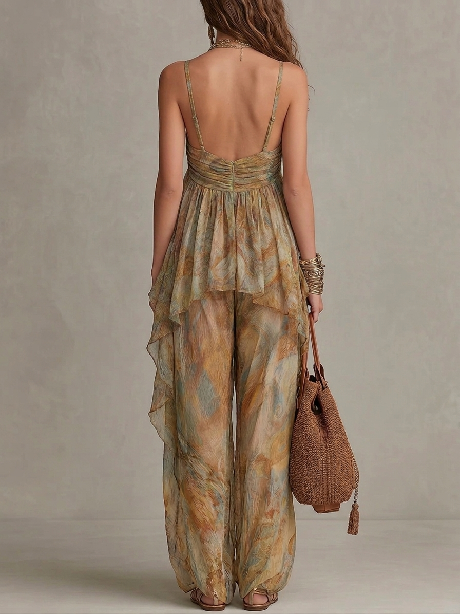Set Top in Chiffon con Rouches e Pantaloni a Gamba Larga
