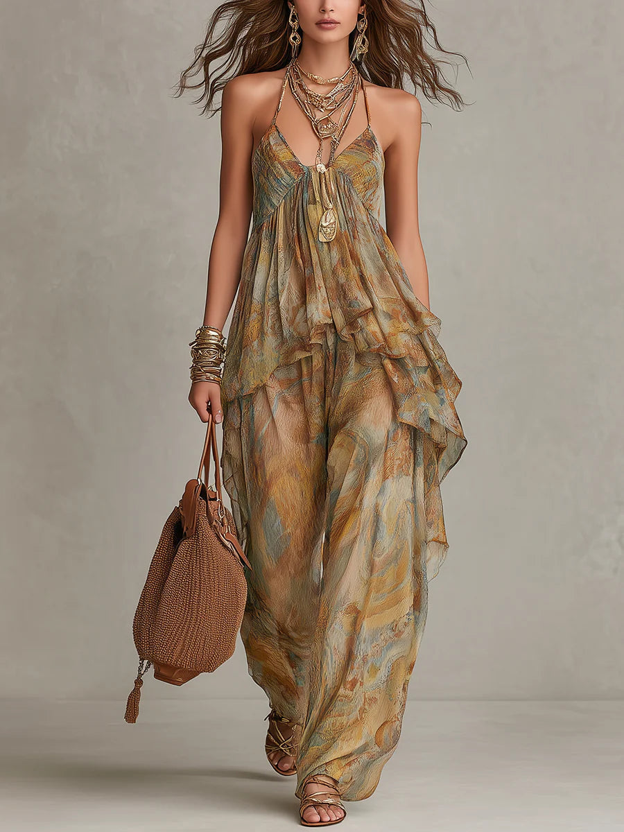 Set Top in Chiffon con Rouches e Pantaloni a Gamba Larga