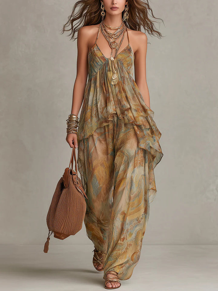 Set Top in Chiffon con Rouches e Pantaloni a Gamba Larga