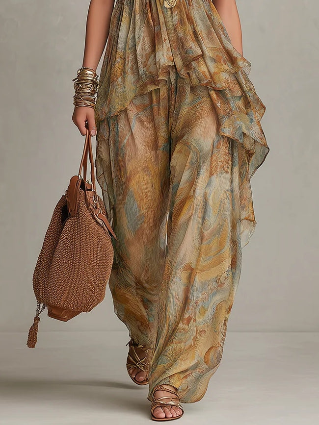 Set Top in Chiffon con Rouches e Pantaloni a Gamba Larga