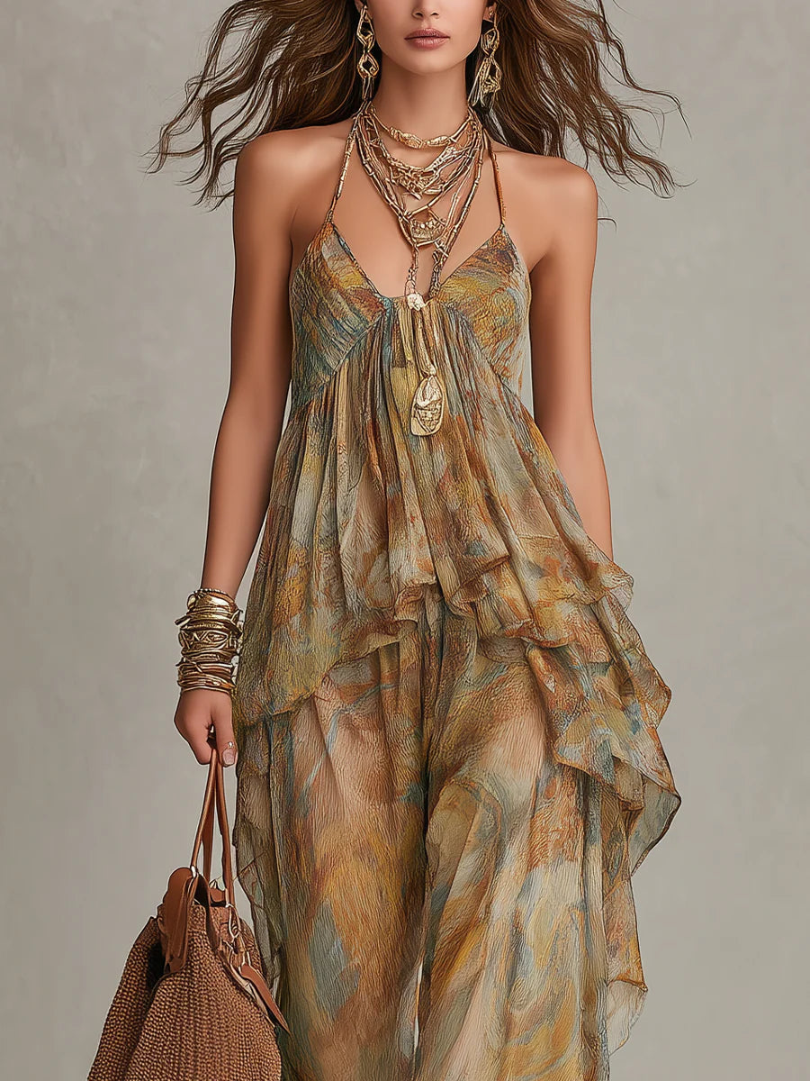 Set Top in Chiffon con Rouches e Pantaloni a Gamba Larga