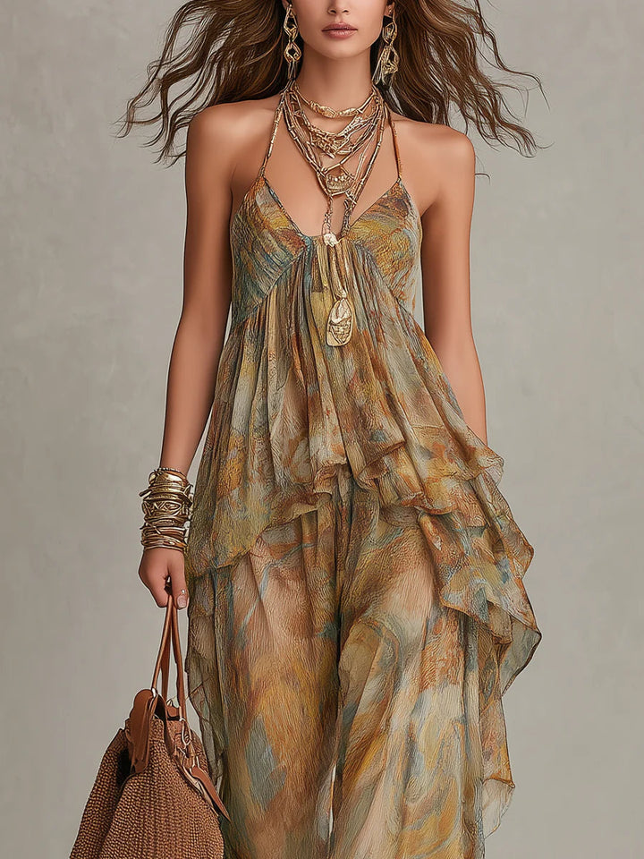 Set Top in Chiffon con Rouches e Pantaloni a Gamba Larga