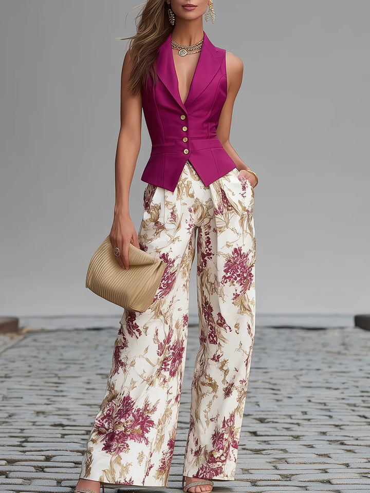 Set senza maniche rosa e pantaloni larghi stampati floreali