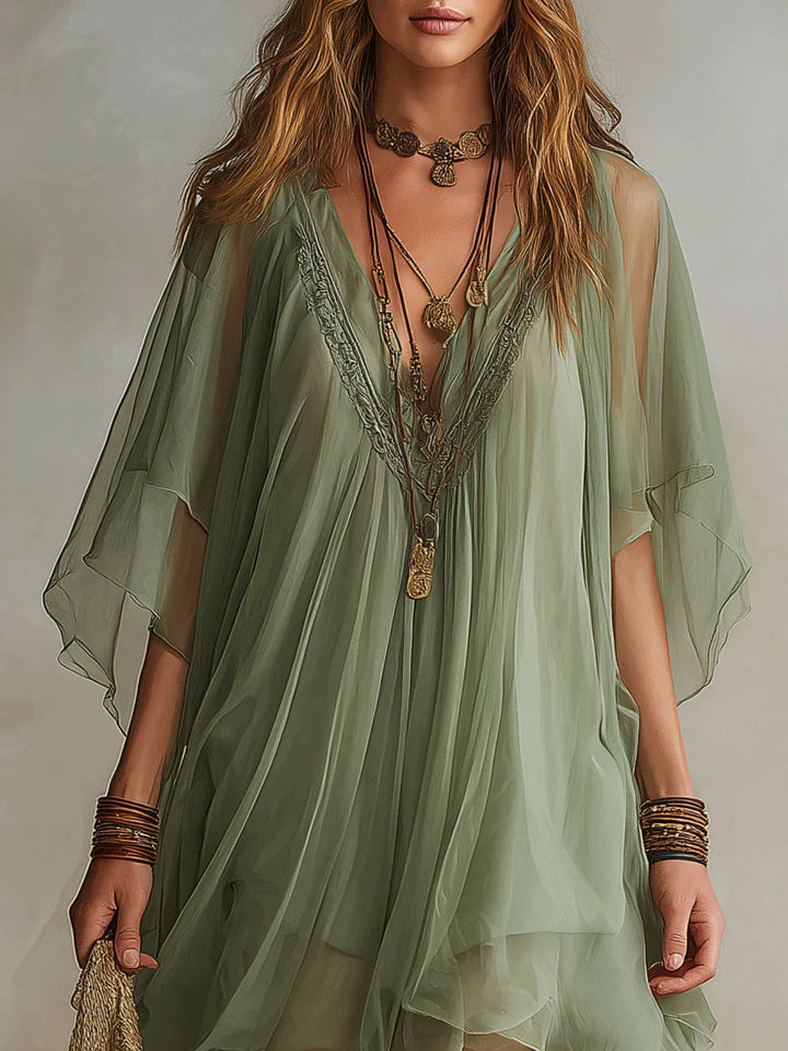 Abito Mini Flowy a V in Chiffon Verde