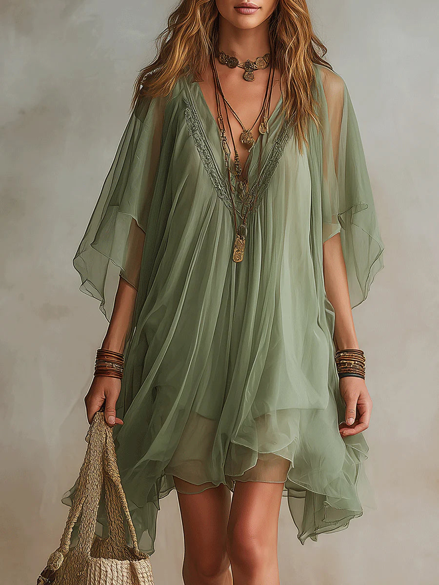 Abito Mini Flowy a V in Chiffon Verde