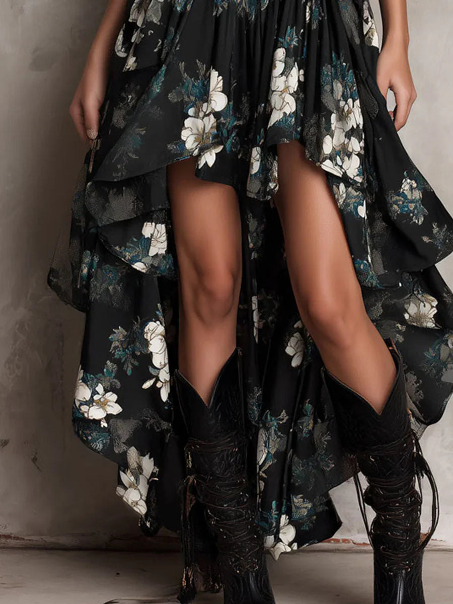 Abito lungo nero senza spalline in stile boho con stampa floreale e taglio asimmetrico