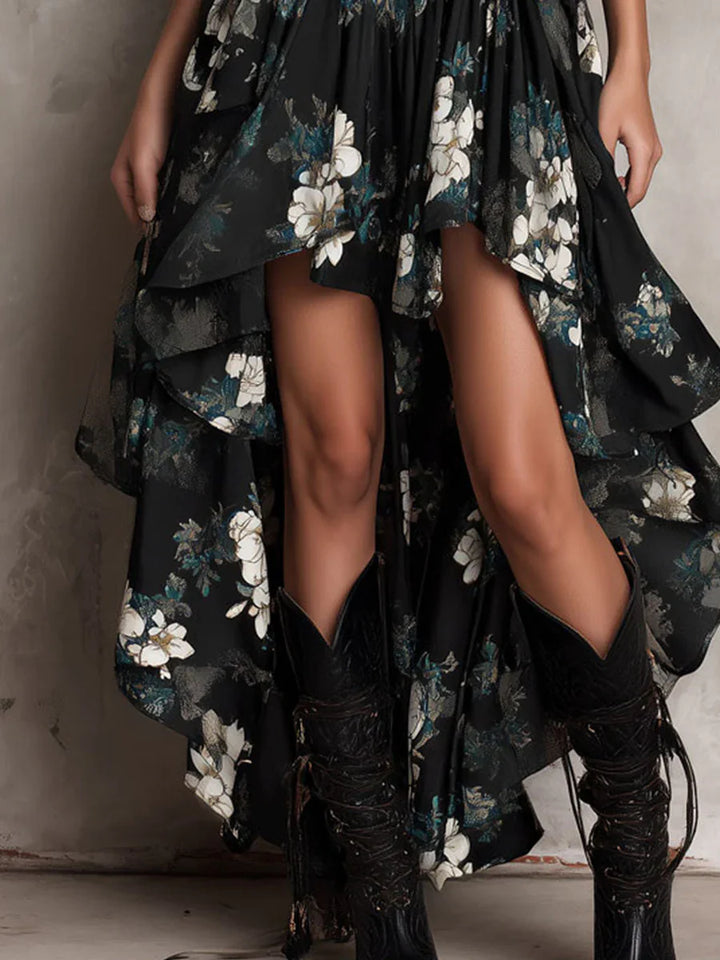 Abito lungo nero senza spalline in stile boho con stampa floreale e taglio asimmetrico