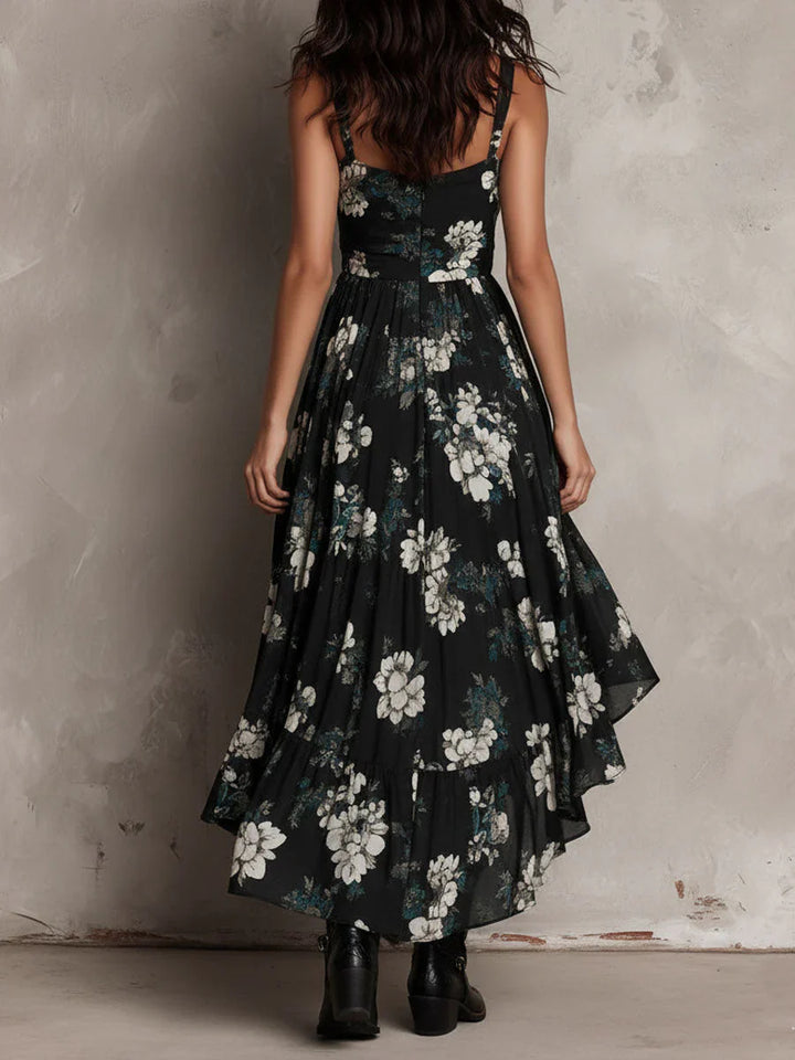 Abito lungo nero senza spalline in stile boho con stampa floreale e taglio asimmetrico