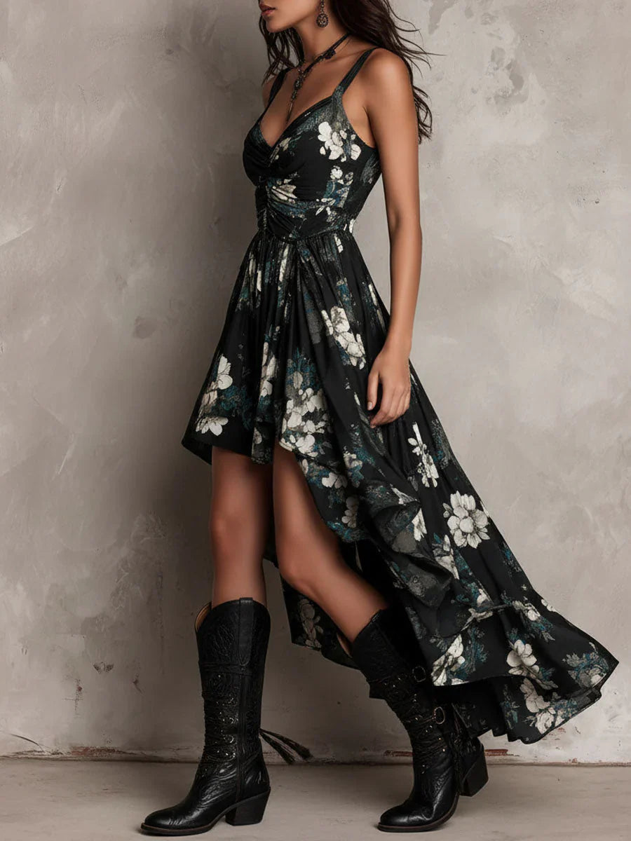 Abito lungo nero senza spalline in stile boho con stampa floreale e taglio asimmetrico
