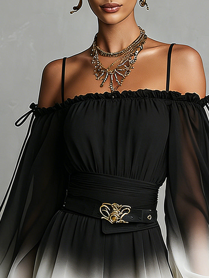Tuta Chiffon Gradient Off-shoulder Bianco e Nero (con cintura)