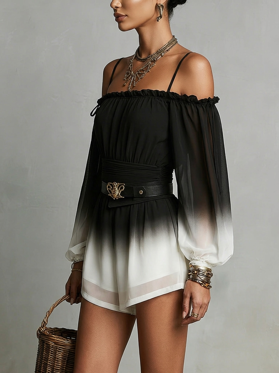 Tuta Chiffon Gradient Off-shoulder Bianco e Nero (con cintura)