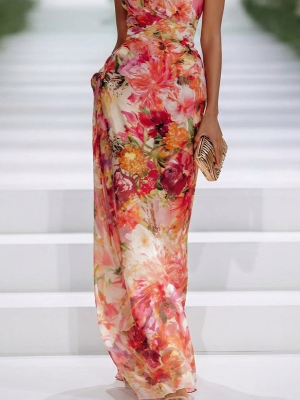 Abito Maxi Senza Maniche in Chiffon Rosso con Scollo a Halter
