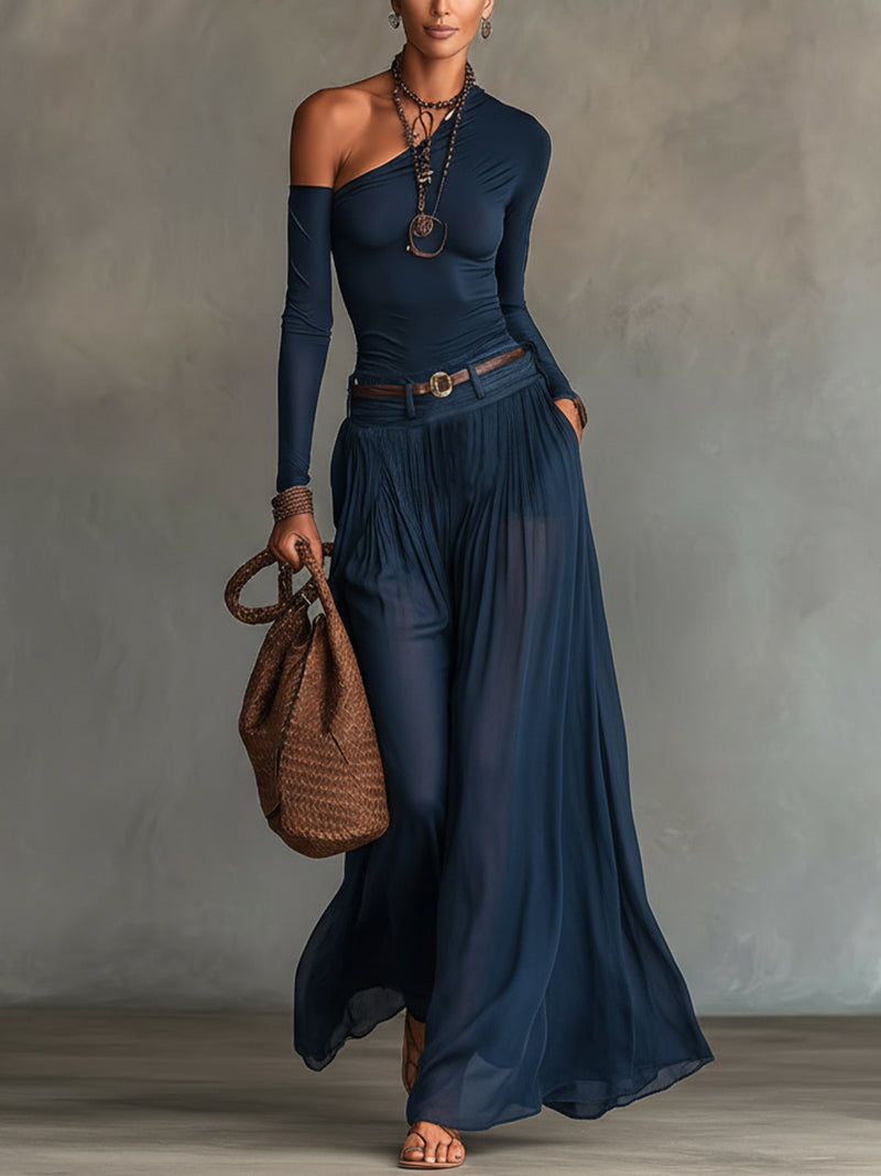 Set Top Celeste a Spalla Unica e Gonna in Tulle