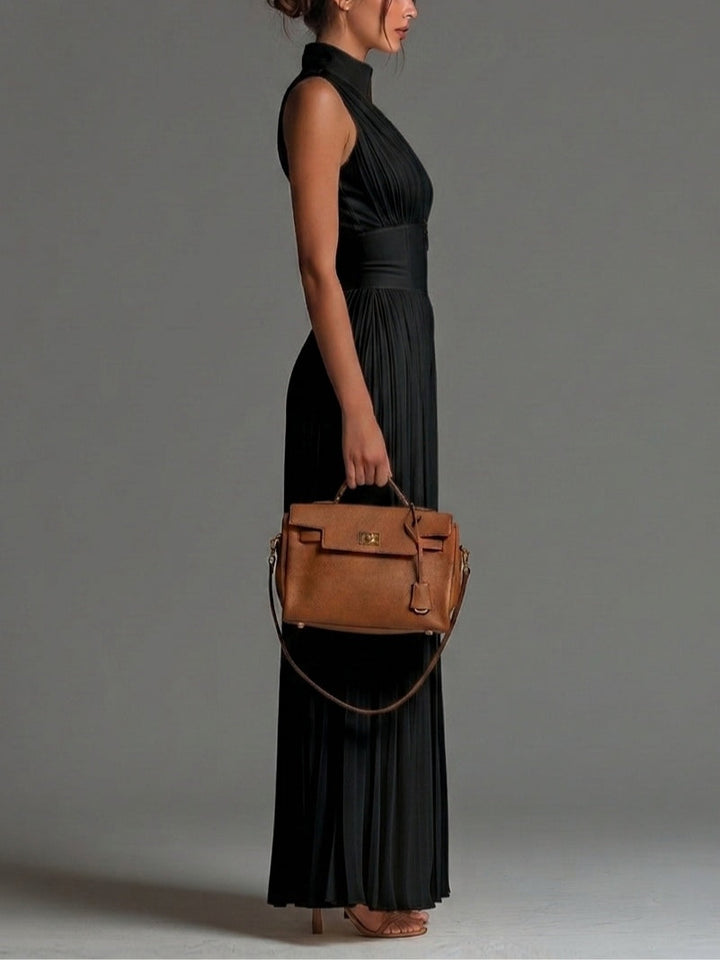 Tuta in Chiffon Nera Senza Maniche con Zip, Scollo a V e Pieghe, Pantaloni a Gamba Larga