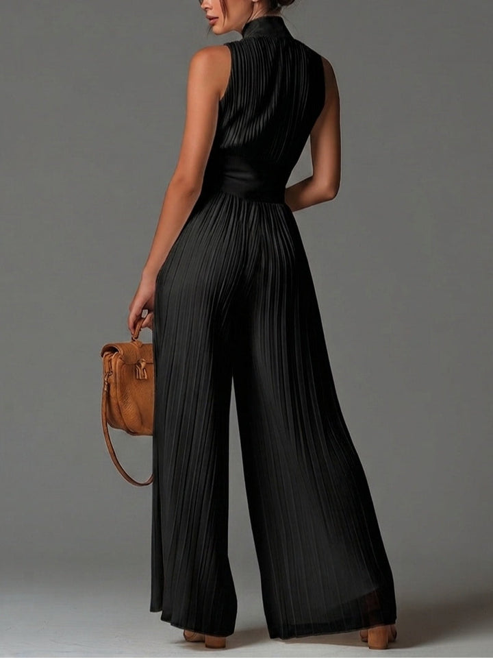 Tuta in Chiffon Nera Senza Maniche con Zip, Scollo a V e Pieghe, Pantaloni a Gamba Larga