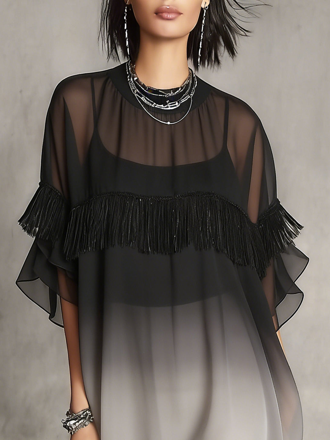 Abito Mini Fluttuante con Frange Trasparenti Ombre Nero