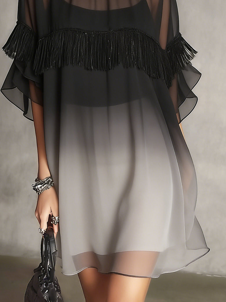 Abito Mini Fluttuante con Frange Trasparenti Ombre Nero