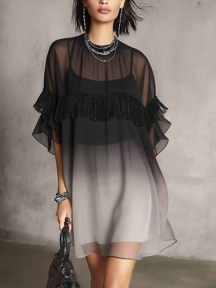 Abito Mini Fluttuante con Frange Trasparenti Ombre Nero