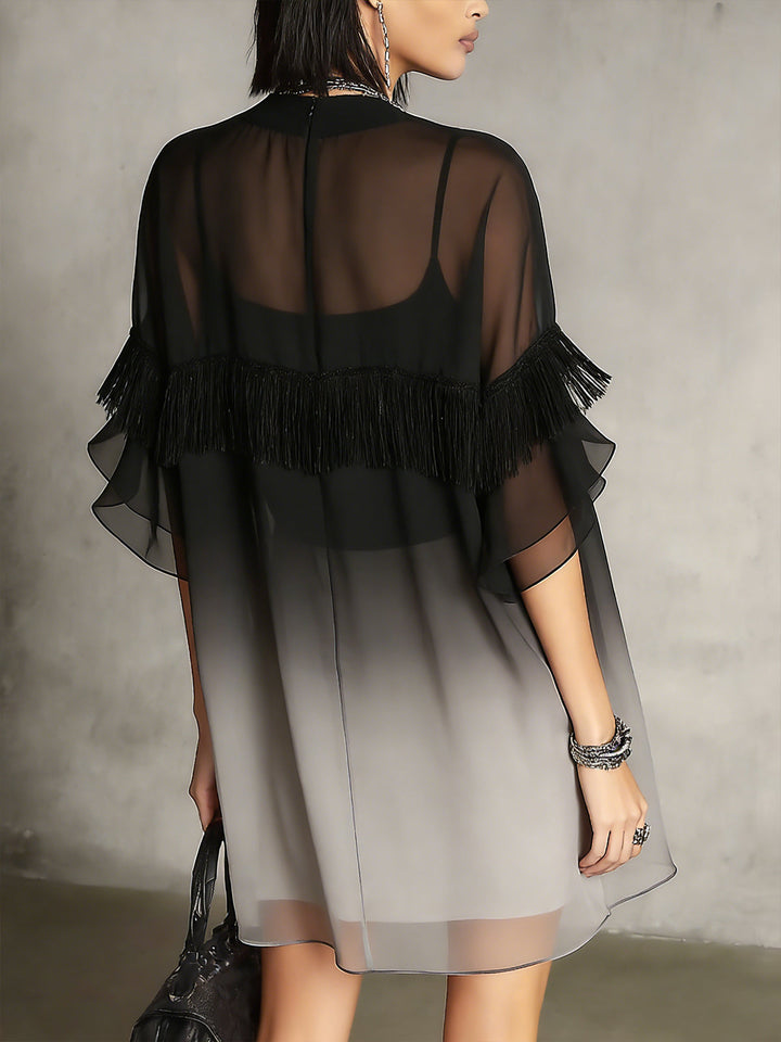 Abito Mini Fluttuante con Frange Trasparenti Ombre Nero