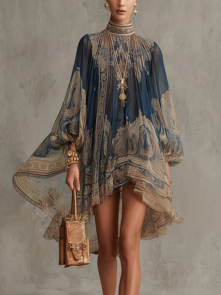 Abito Mini Irregolare in Chiffon con Stampa Barocca Blu Navy e Collo Alto