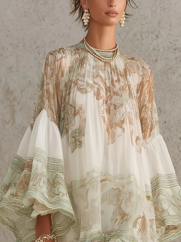 Abito Mini in Chiffon con Righe e Maniche a Volant