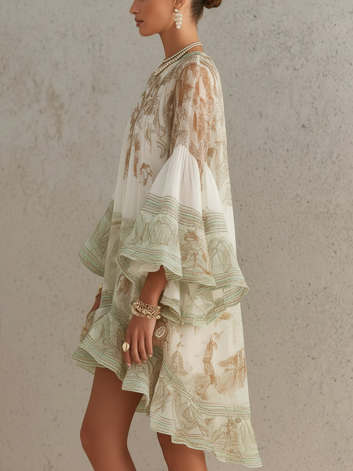 Abito Mini in Chiffon con Righe e Maniche a Volant