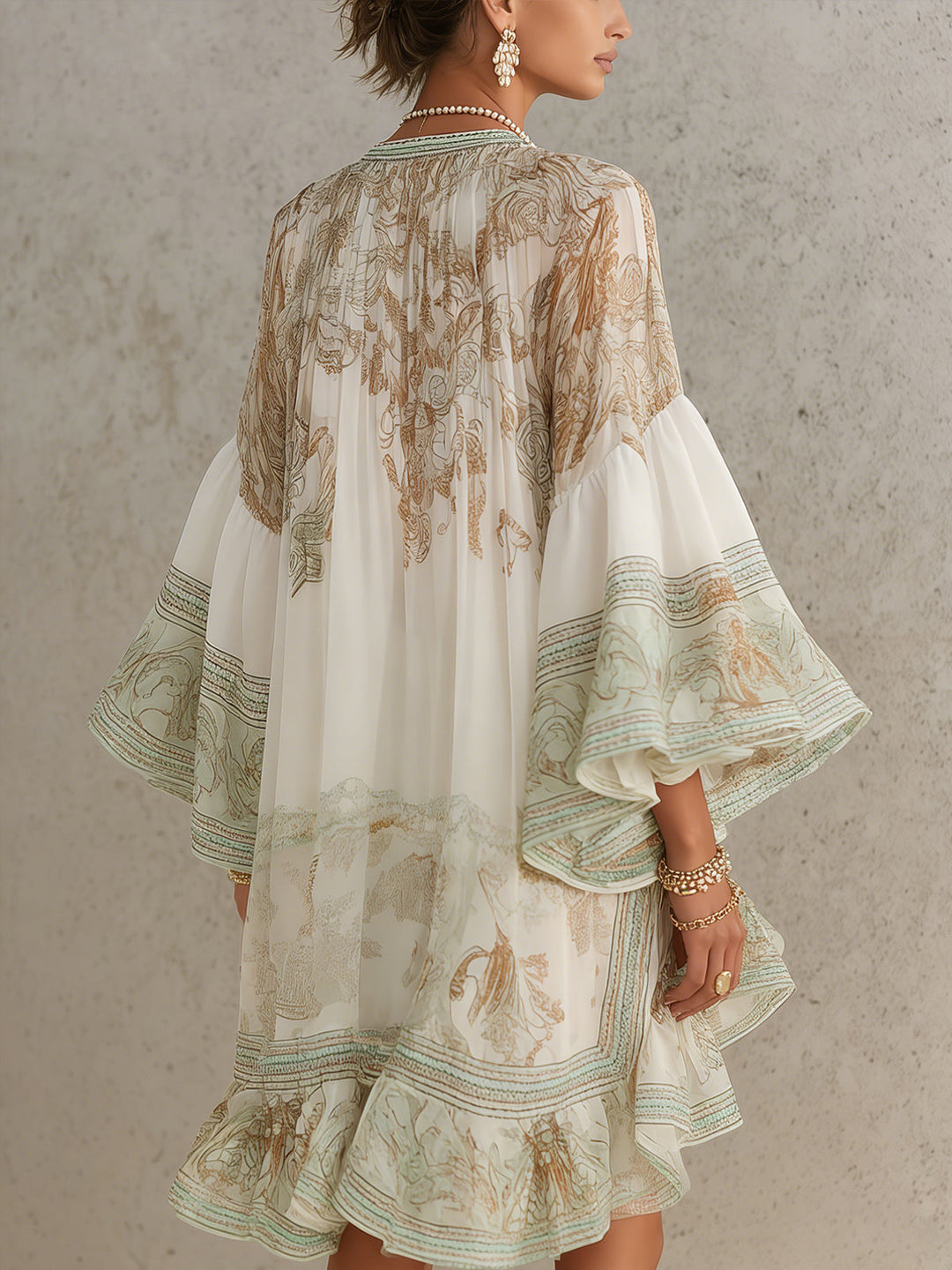 Abito Mini in Chiffon con Righe e Maniche a Volant
