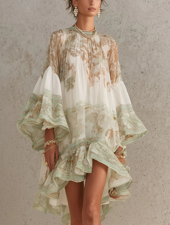 Abito Mini in Chiffon con Righe e Maniche a Volant