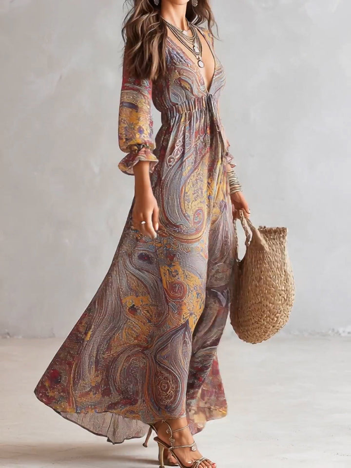 Abito Maxi in Chiffon con Stampa Paisley e Scollo a V