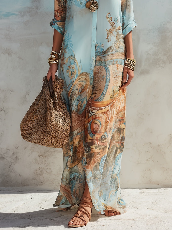 Vestito Maxi con Stampa Floreale Blu da Vacanza