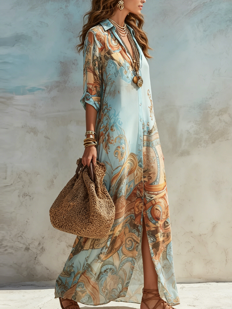 Vestito Maxi con Stampa Floreale Blu da Vacanza