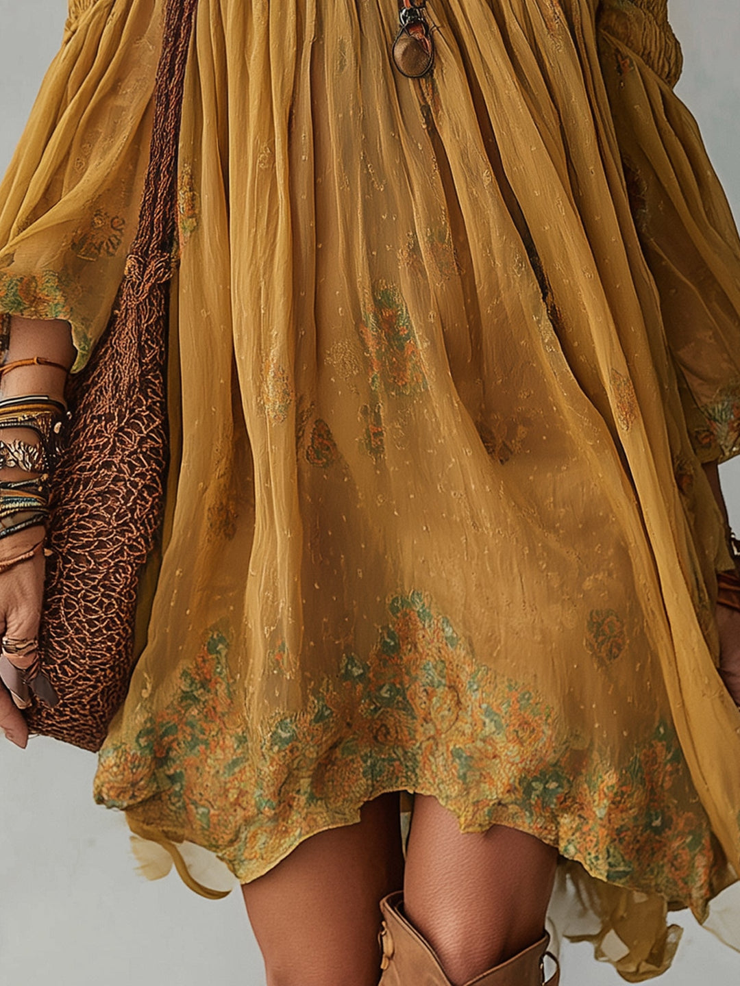 Abito Mini Giallo in Chiffon con Fiori Off Shoulder