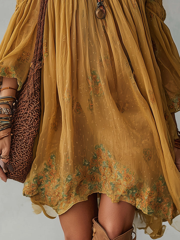 Abito Mini Giallo in Chiffon con Fiori Off Shoulder
