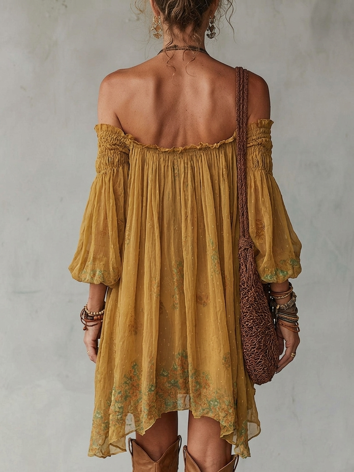 Abito Mini Giallo in Chiffon con Fiori Off Shoulder