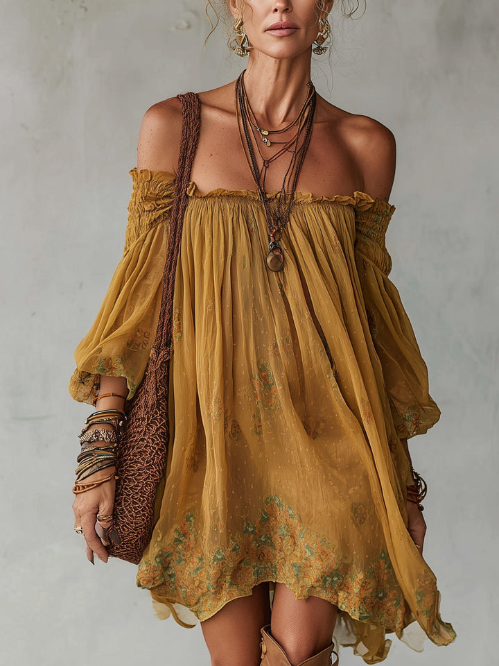 Abito Mini Giallo in Chiffon con Fiori Off Shoulder