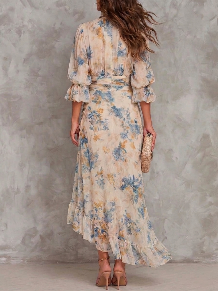 Abito Maxi in Chiffon Irregolare con Stampa Floreale a Olio Collo Alto Beige