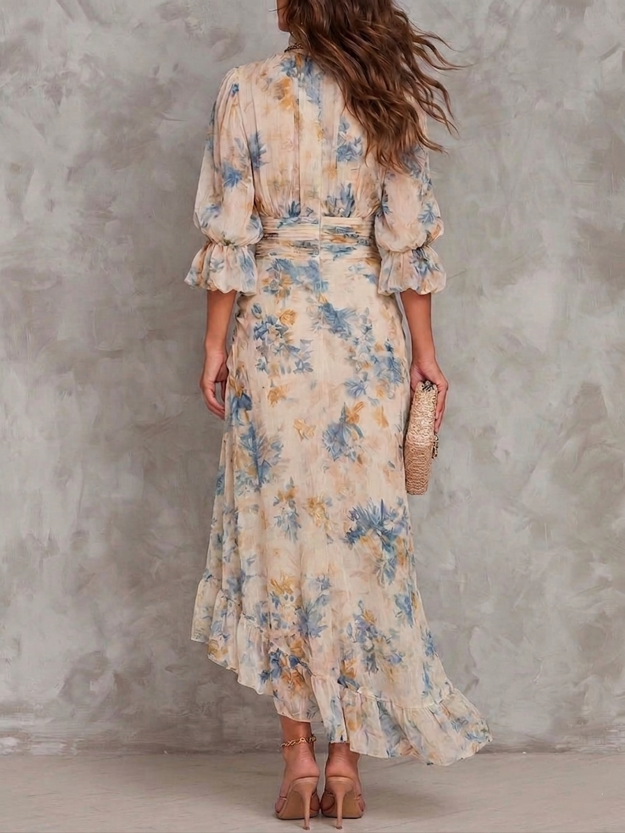Abito Maxi in Chiffon Irregolare con Stampa Floreale e Collo Alto Beige