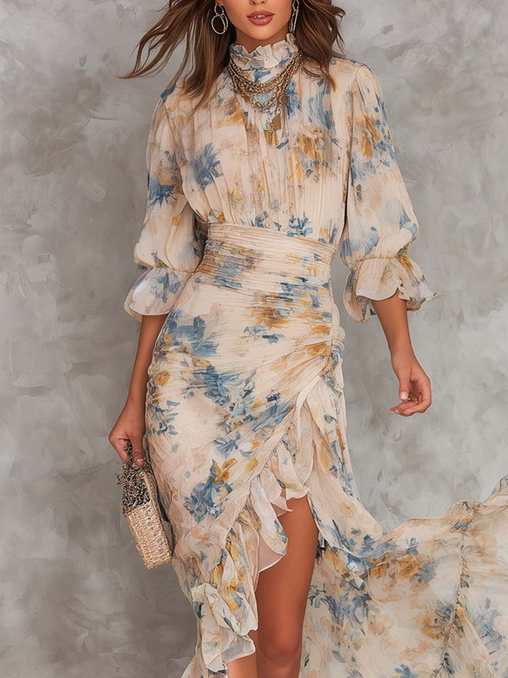 Abito Maxi in Chiffon Irregolare con Stampa Floreale a Olio Collo Alto Beige