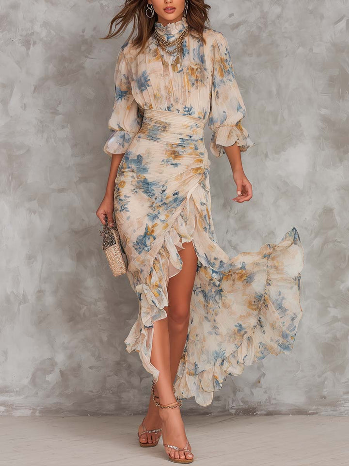 Abito Maxi in Chiffon Irregolare con Stampa Floreale e Collo Alto Beige