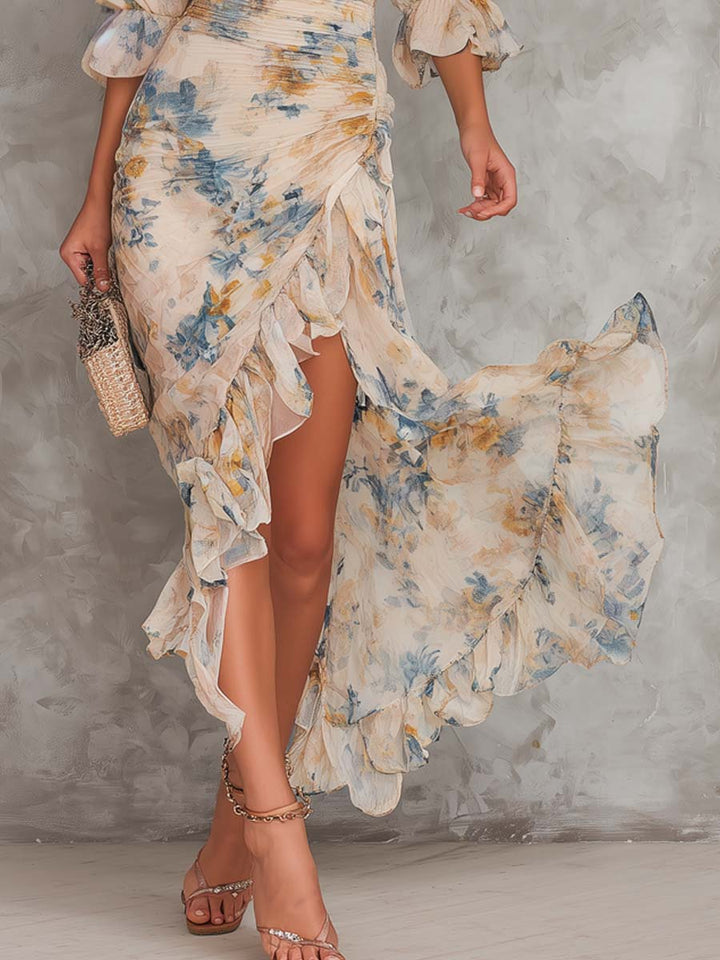 Abito Maxi in Chiffon Irregolare con Stampa Floreale a Olio Collo Alto Beige