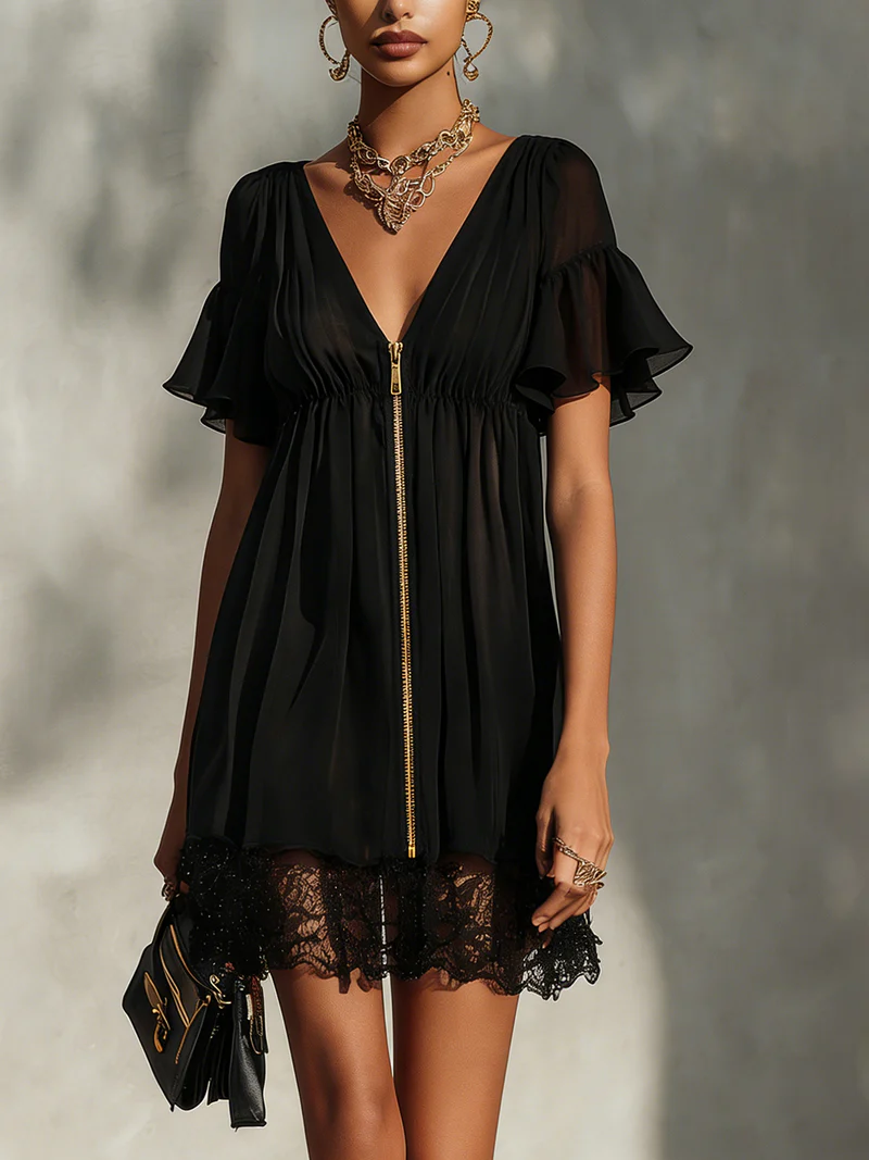 Abito Mini Nero con Zip, Collo a V e Rouches in Pizzo
