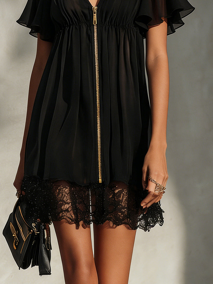 Abito Mini Nero con Zip, Collo a V e Rouches in Pizzo