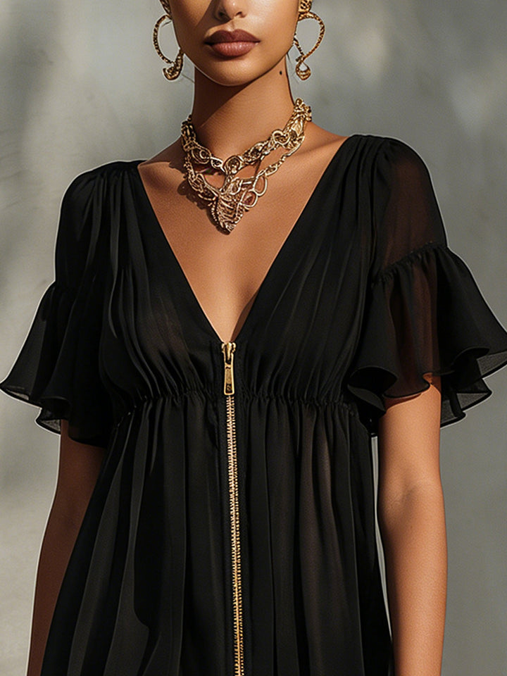 Abito Mini Nero con Zip, Collo a V e Rouches in Pizzo