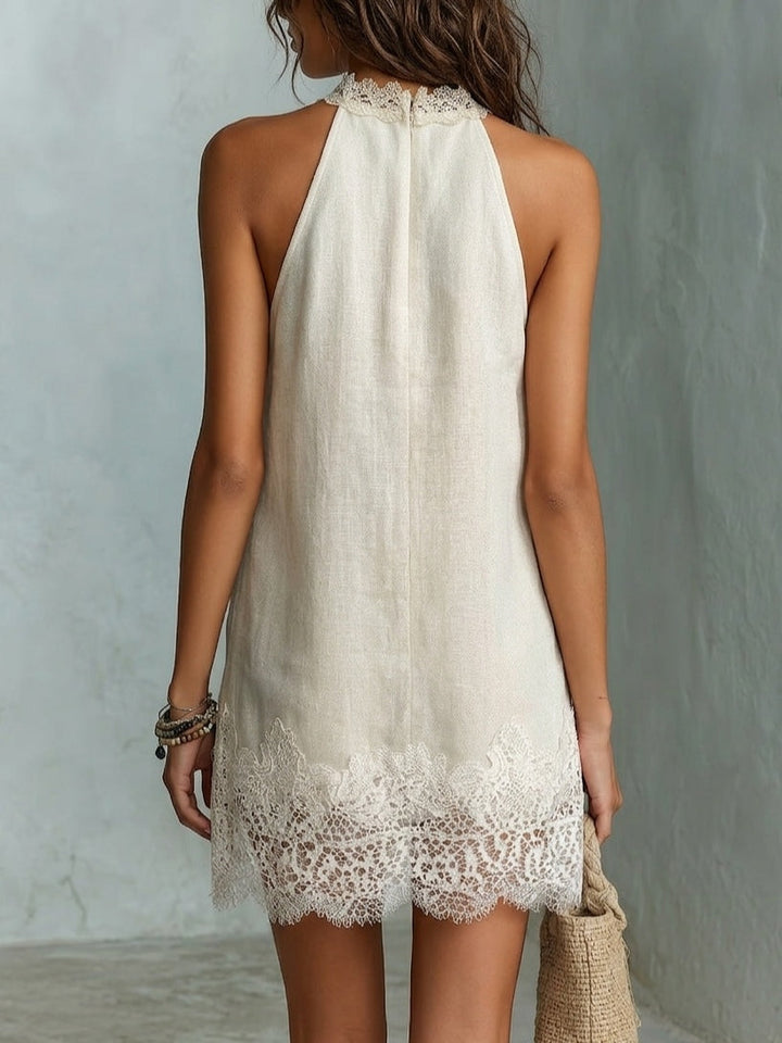 Chic Mini Abito con Scollo a Halter e Bordo in Pizzo Color Avorio