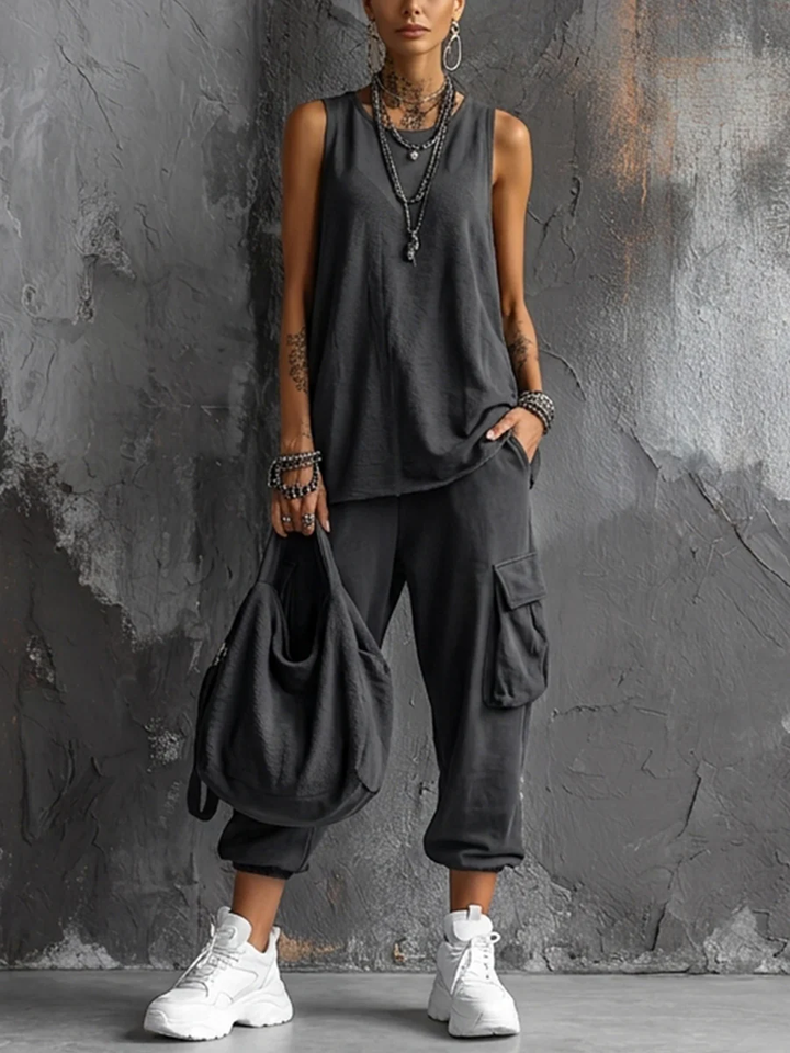 Completo Casual Gilet Grigio Scuro e Pantaloni Cargo Jogger
