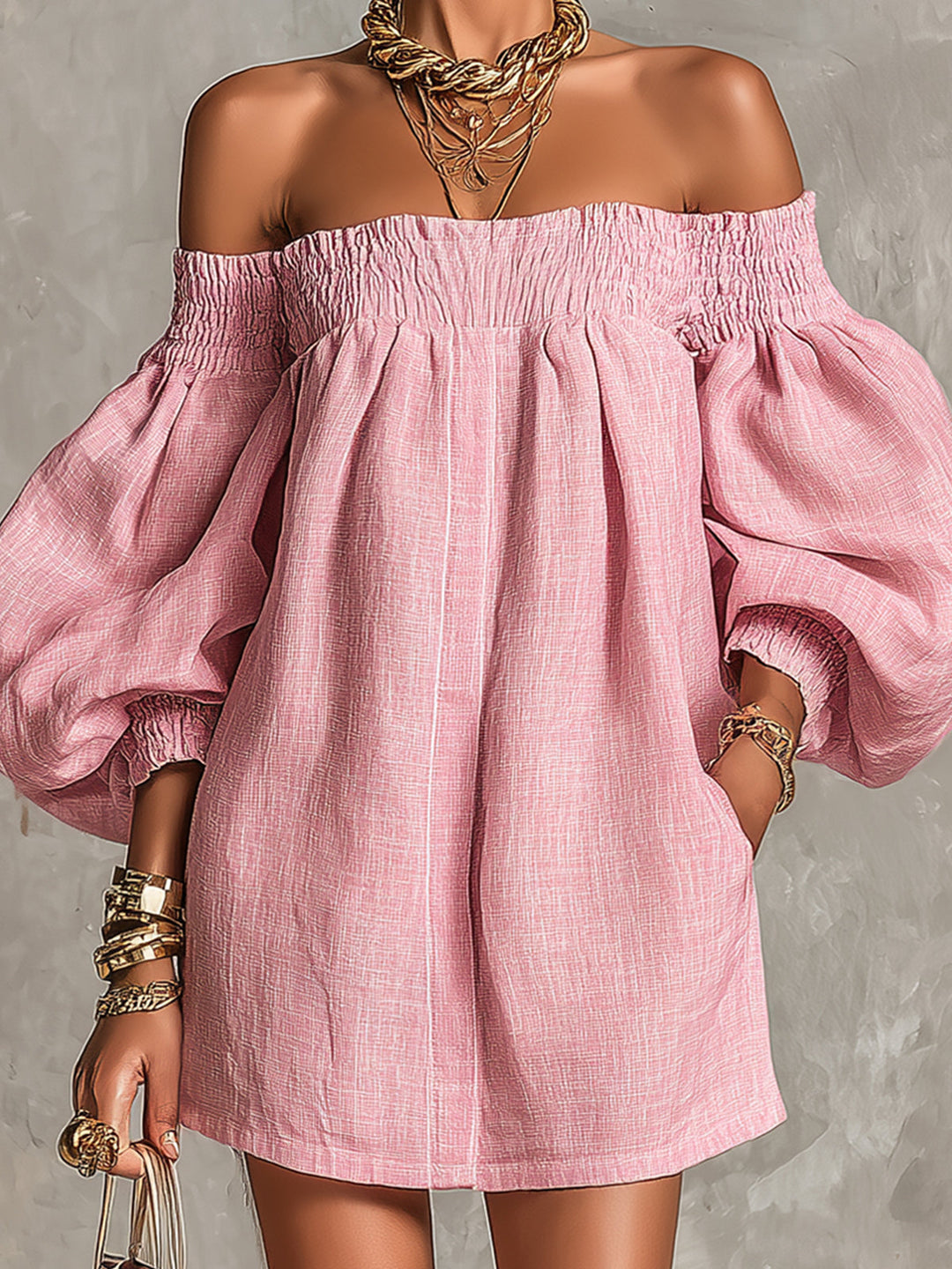 Abito Mini A-Line con Spalle Scoperte e Maniche a Lanterna Rosa