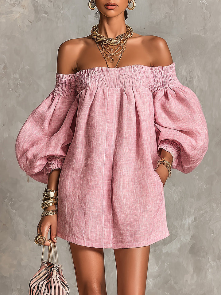 Abito Mini A-Line con Spalle Scoperte e Maniche a Lanterna Rosa