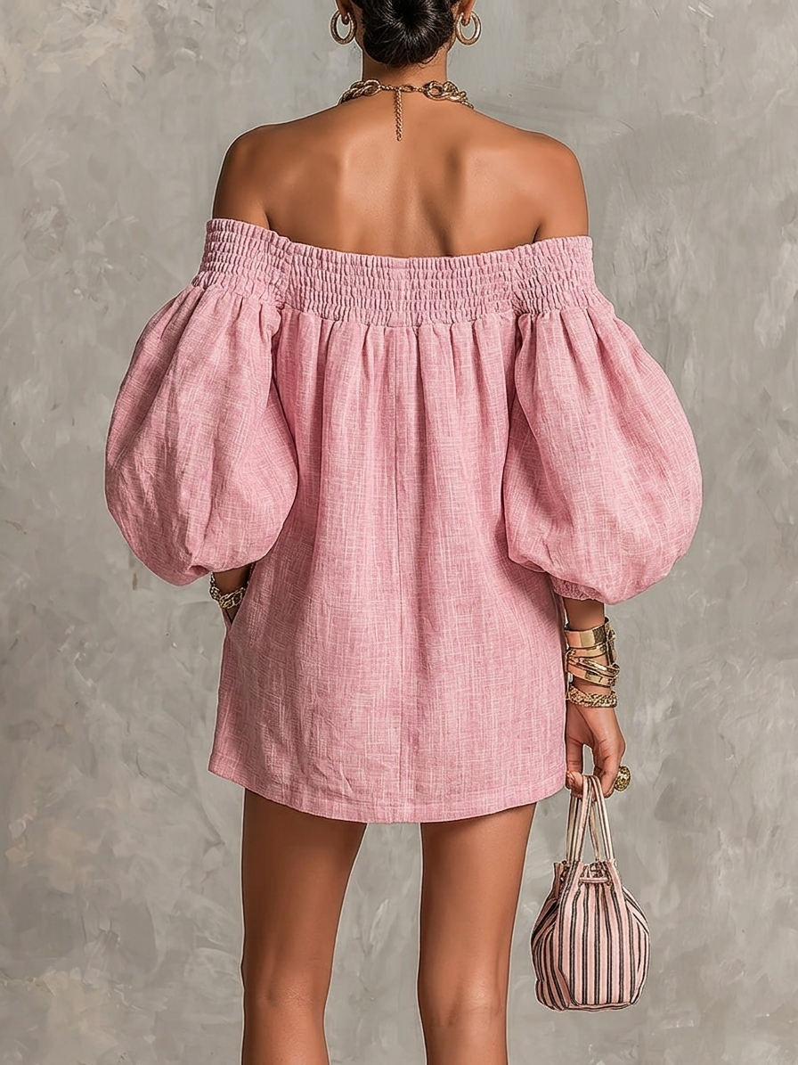 Abito Mini A-Line con Spalle Scoperte e Maniche a Lanterna Rosa