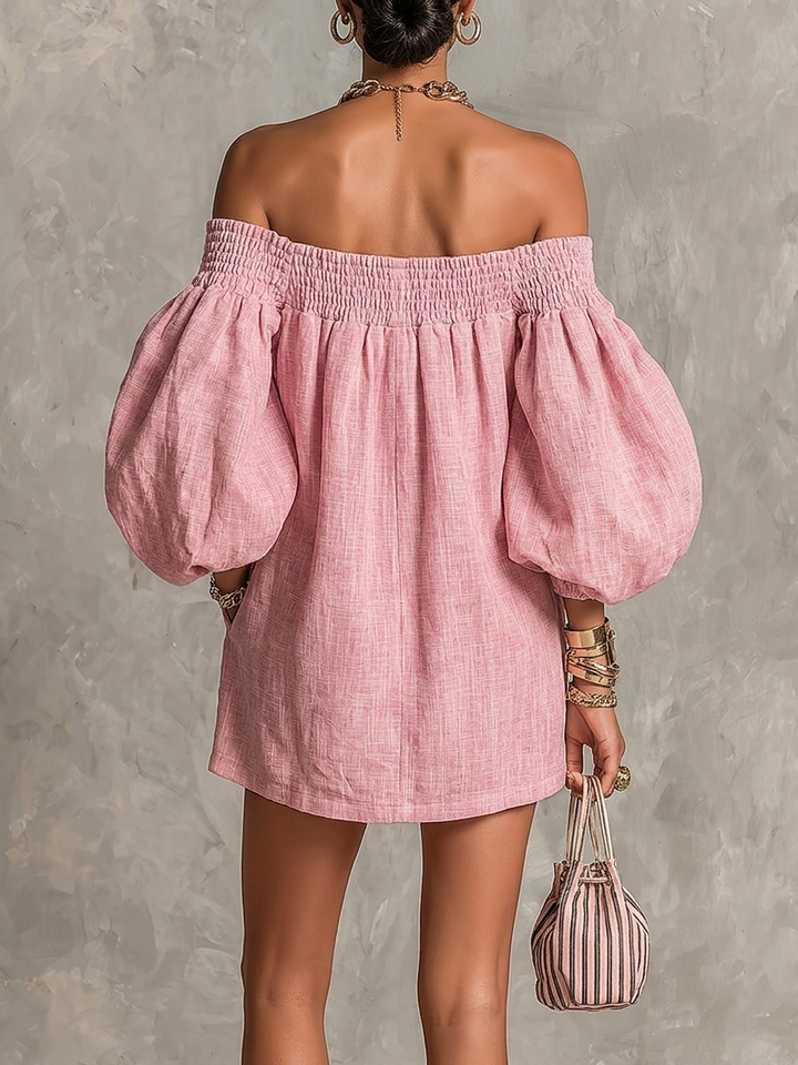 Abito Mini A-Line con Spalle Scoperte e Maniche a Lanterna Rosa